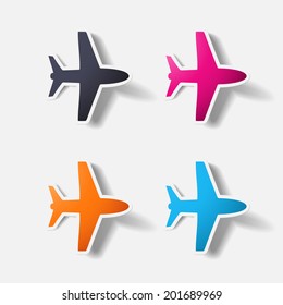 Paper clipped sticker: plane. Isolated illustration icon