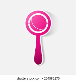 Paper clipped sticker: rattle. Isolated illustration icon