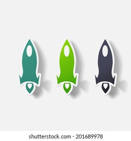 Paper clipped sticker: rocket. Isolated illustration icon