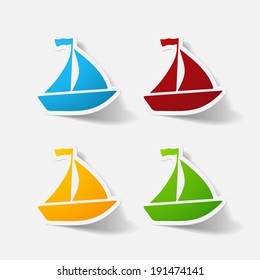 Paper clipped sticker: sailing ship. Isolated illustration icon