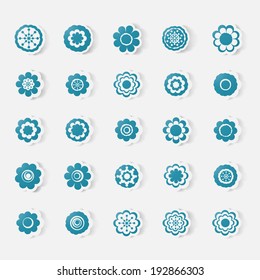 Paper clipped sticker: set of flowers. Isolated illustration icon