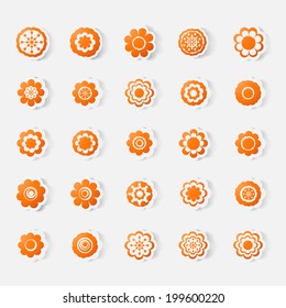 Paper clipped sticker: set of flowers. Isolated illustration icon