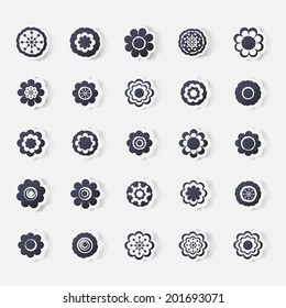 Paper clipped sticker: set of flowers. Isolated illustration icon