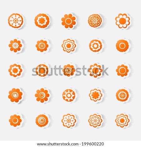 Paper clipped sticker: set of flowers. Isolated illustration icon