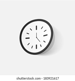 Paper clipped sticker: wall Clock. Isolated illustration icon