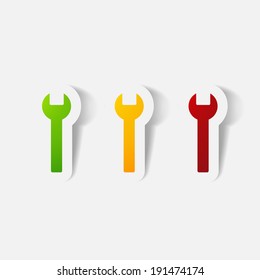 Paper clipped sticker: wrench. Isolated illustration icon