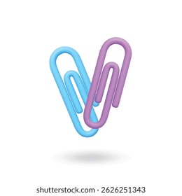 Paper clips 3d icons. Isolated office supply, blue and pink clip together in heart shape, romantic love concept. Stationery for documents, realistic vector items