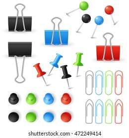 Paper clips, binders and pins vector set. Stationery tools for office work with documents illustration