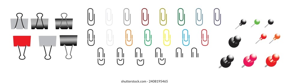 Paper clips binders and pins white black and colored 3d object set isolated vector illustration..