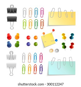 Bordes de clips de papel y pines blanco negro y color de objeto 3d conjunto de ilustraciones vectoriales aisladas