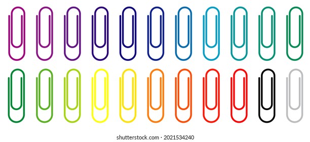 Paper clips clamp. Colour cartoon drawing office paperclip. Paper clip icon or pictogram. attached, attach document or file. Business or school concept. Vector, red, yellow, blue, orange paperclips