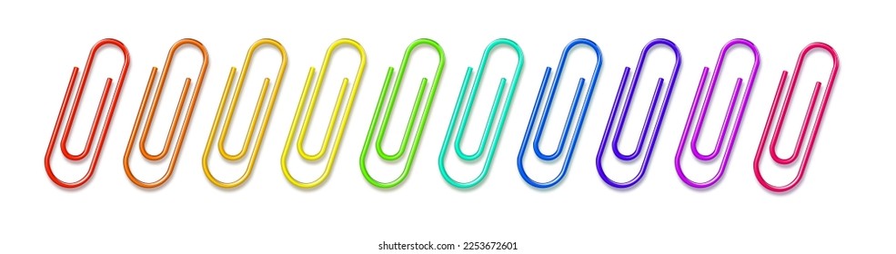 Paper clips clamp. Colour cartoon office paperclip. Paper clip icon attached attach document or file. Vector