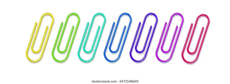 Paper clips clamp. Colour cartoon office paperclip. Paper clip icon attached attach document or file. Vector