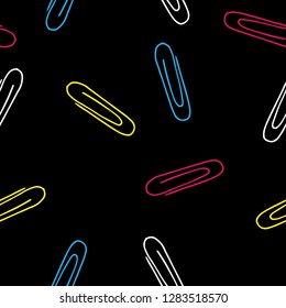 Paper clips of different colors seamless pattern. Vector background. Hand drawn color clips.
