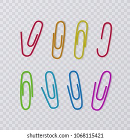 Paper clips isolated on transparent background. Vector Illustration. Colorful collection set