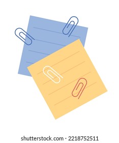 Paper clips and memo sheets semi flat color vector object. Office stationery. Editable element. Full sized item on white. Simple cartoon style illustration for web graphic design and animation