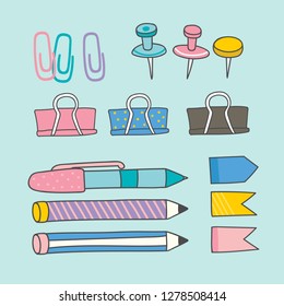 Paper clips and pens doodle vector set