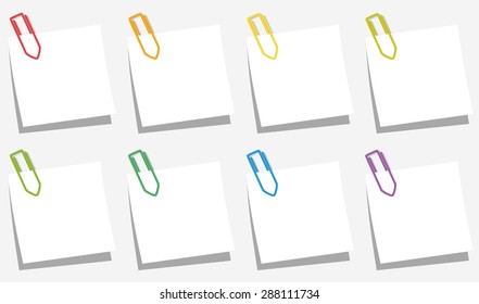 Paper clips pinned on square notepads - eight different colors. Isolated vector illustration on white background.