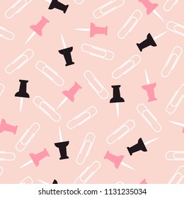 Paper Clips and Push Pins Seamless Vector Pattern Tile. Back to School Repeating Print. Pink, Black Pushpins and White Paperclips Randomly Arranged on Blush Pink Background. Pattern Swatch is Included