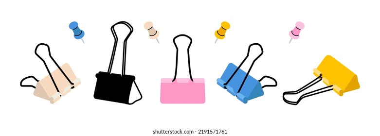 Paper clips and pushpins set. Colored pins and clips for documents. Stationery. Vector illustration in a flat style, isolated on white background.