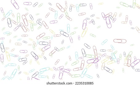 Los clips de papel están dispersos en un fondo blanco. Elemento decorativo. Antecedentes del diseño, la escuela y los suministros de oficina