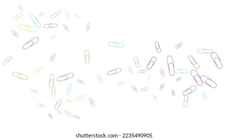 Paper clips are scattered on a white background. Decorative element. Background for design, school and office supplies