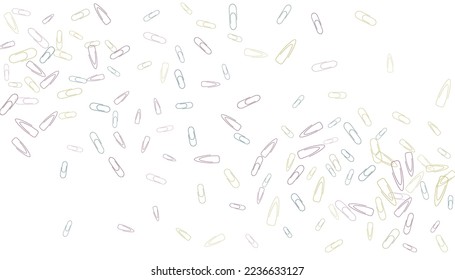 Los clips de papel están dispersos en un fondo blanco. Elemento decorativo. Antecedentes del diseño, la escuela y los suministros de oficina