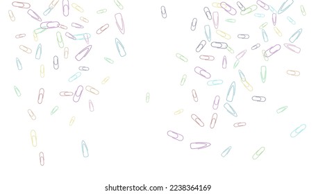 Paper clips are scattered on a white background. Decorative element. Background for design, school and office supplies