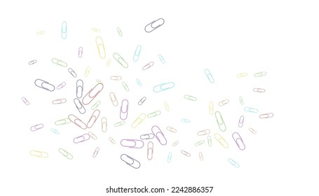 Paper clips are scattered on a white background. Decorative element. Background for design, school and office supplies