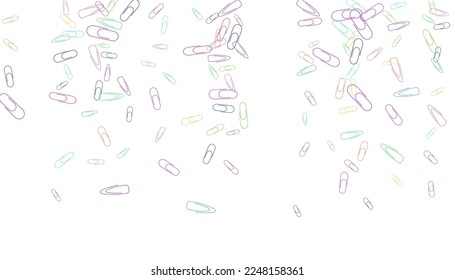 Paper clips are scattered on a white background. Decorative element. Background for design, school and office supplies