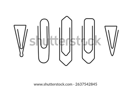 Paper clips set, simple minimalist hand drawn outline vector illustration, stationery element, school or office supply for binding paper documents, fastener for attachment made of metal or plastic