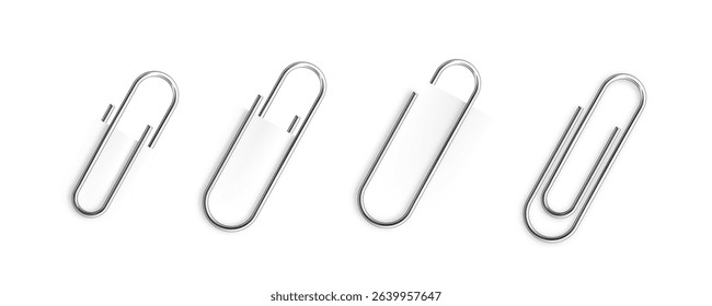 Paper clips vector realistic metal vector set. Realistic metal paper clip designs