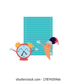 paper, clock and brush with happy face cartoon vector illustration design