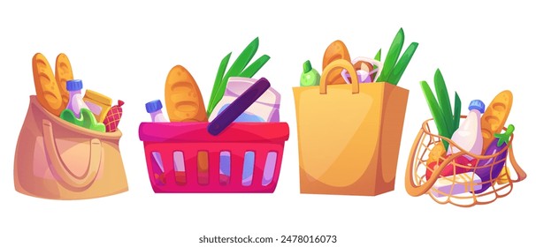 Bolsa de papel y tela y cesta de supermercado de plástico llena de productos de comestibles. Comida y bebida de Vector de dibujos animados en el saco de compras. Compra y entrega de productos de aprovisionamiento. Paquete con ingredientes para comidas.