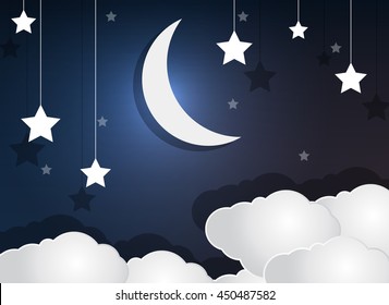 Paper cloud crescent moon and stars in the night sky