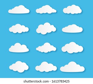 Paper cloud. Different clouds on blue sky in origami design, cut paper empty cumulus cardboard symbol for messages vector set