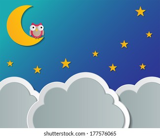 Paper Cloud, Moon, Star And Owl. Night Scene Background. Vector.