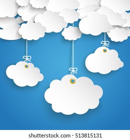 Paper clouds with 3 hanging cloud stickers on the blue background. Eps 10 vector file.