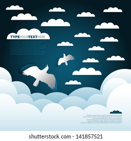 Paper clouds background - sky with clouds and birds - vector illustration