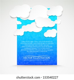 Paper clouds with blue illustration background. Vector illustration.