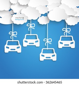 Paper clouds with car stickers on the blue background. Eps 10 vector file.