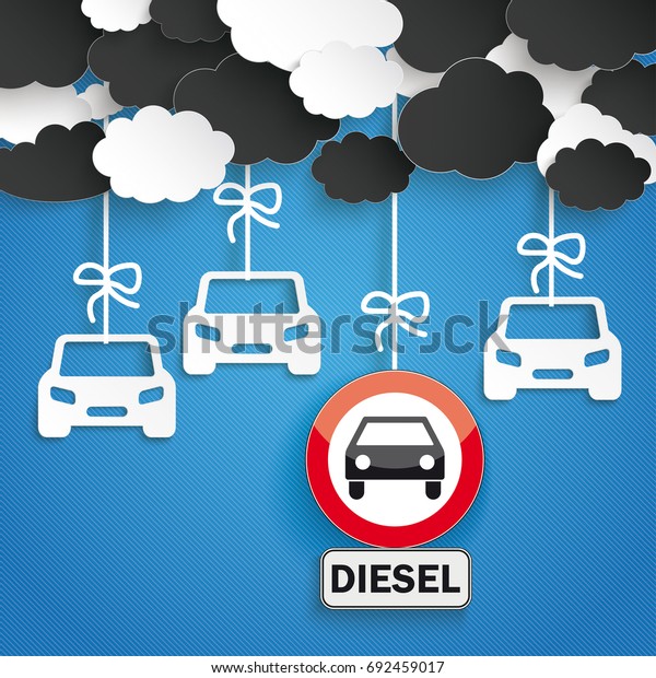 Paper clouds with car\
stickers and road sign no diesel car, on the blue background. Eps\
10 vector file.