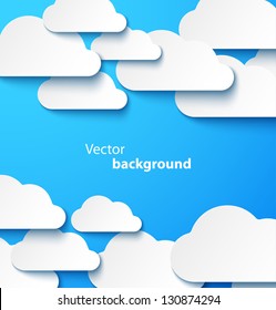 Paper clouds with drop shadows on blue background. Vector illustration