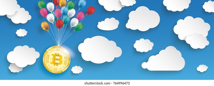 Paper clouds and hanging bitcoin with colored balloons on the blue background. Eps 10 vector file.