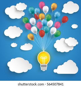 Paper clouds and hanging bulb with colored balloons on the blue background. Eps 10 vector file.