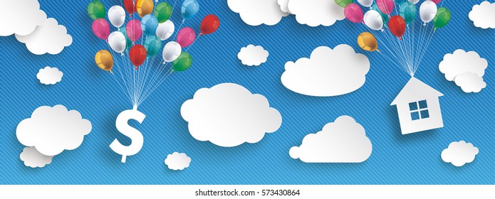 Paper clouds and hanging dollar and house  with colored balloons on the blue background. Eps 10 vector file.