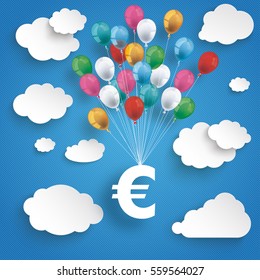 Paper clouds and hanging euro  with colored balloons on the blue background. Eps 10 vector file.