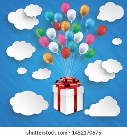 Paper clouds and hanging gift box with colored balloons on the blue background. Eps 10 vector file.