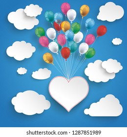 Paper clouds and hanging heart with colored balloons on the blue background. Eps 10 vector file.