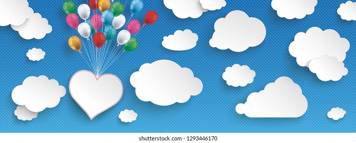 Paper clouds and hanging heart with colored balloons on the blue background. Eps 10 vector file.